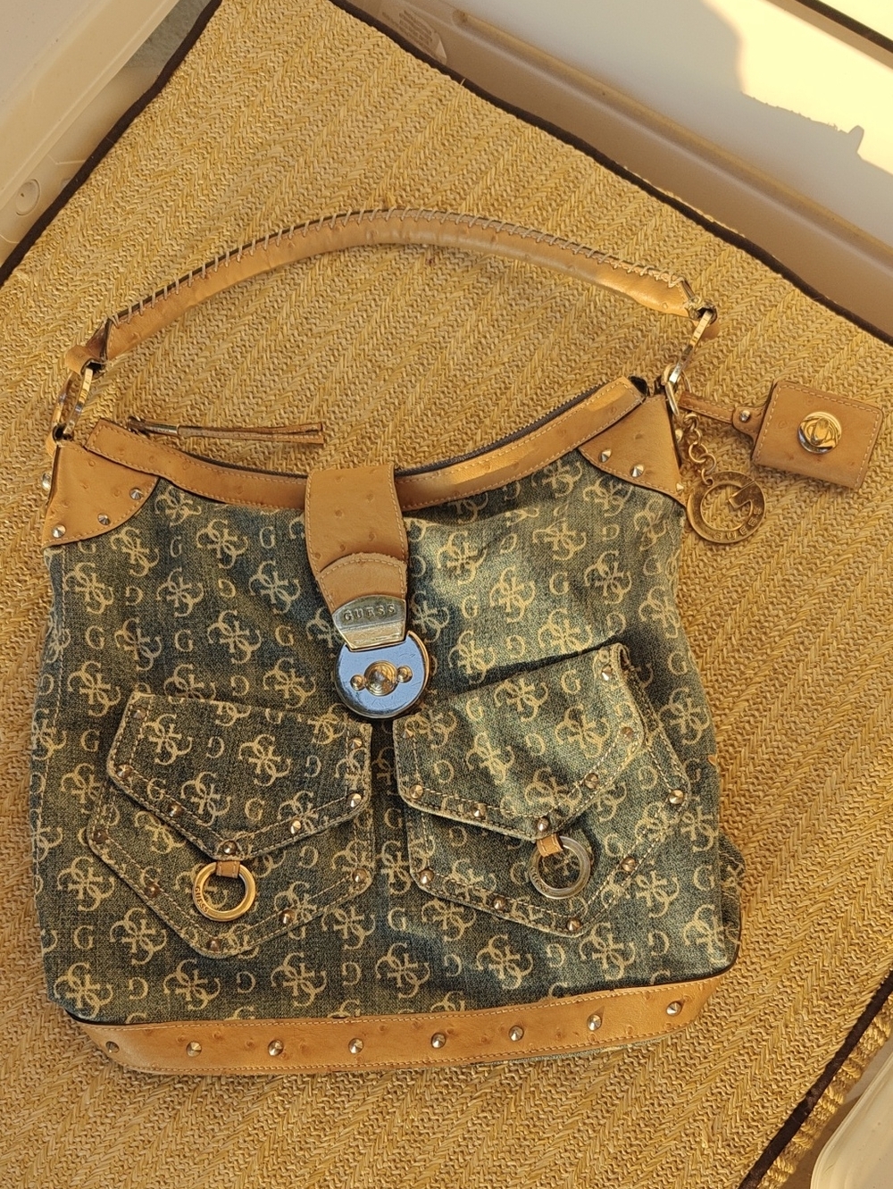 Y2K Guess Denim Monogram Shoulder Bag with Tan Trim